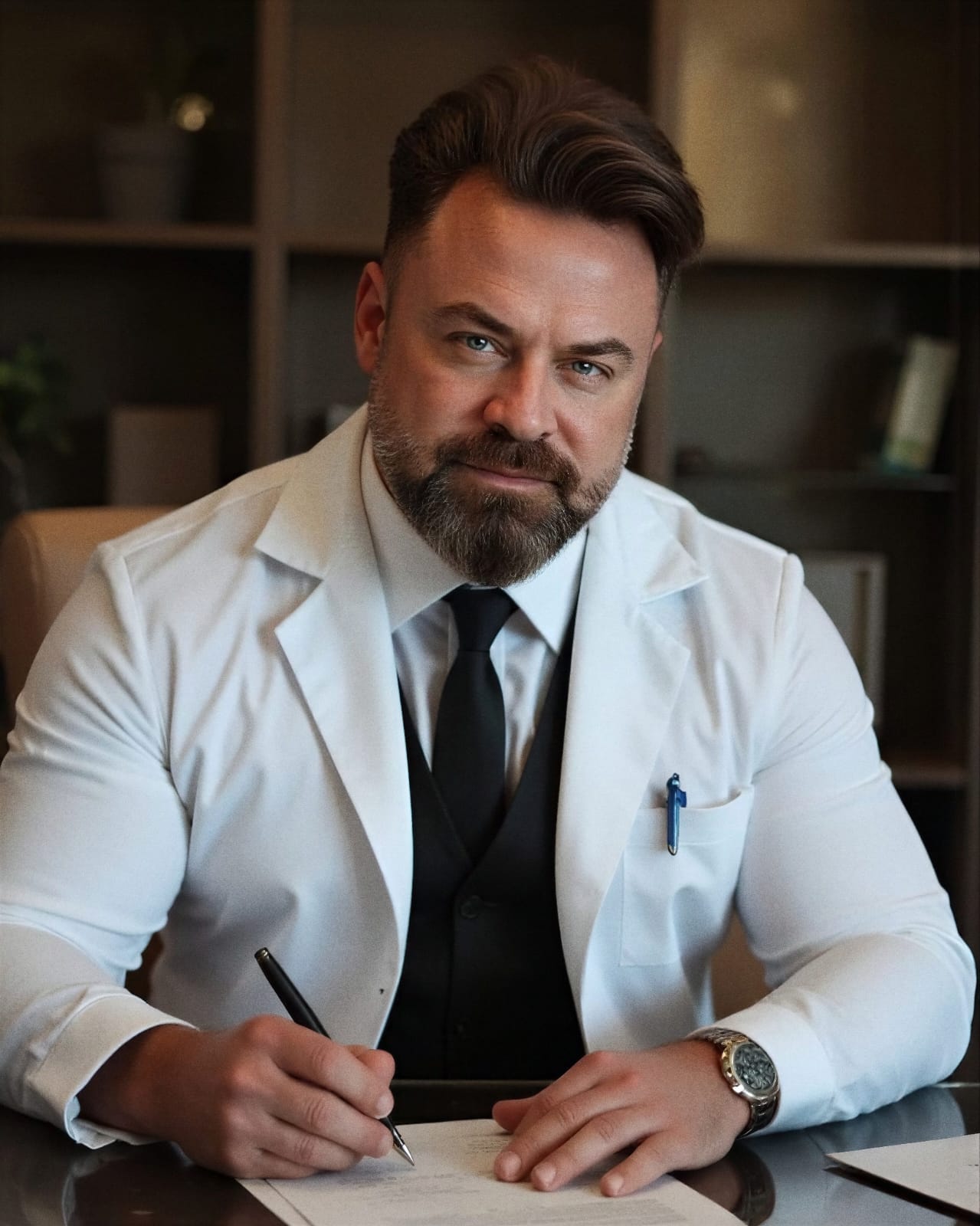 Dr. Igor Fuchshuber, de jaleco branco, sentado à mesa do consultório